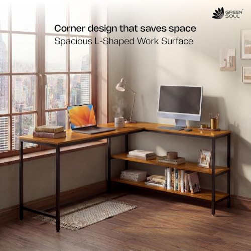 Image of Green Soul Thrive L-Shaped Study Table with Book Shelf for Home and Office | Ideal for Students and Adults | 3-Years Assurance | Coach Wood Yellow | Installation Provided