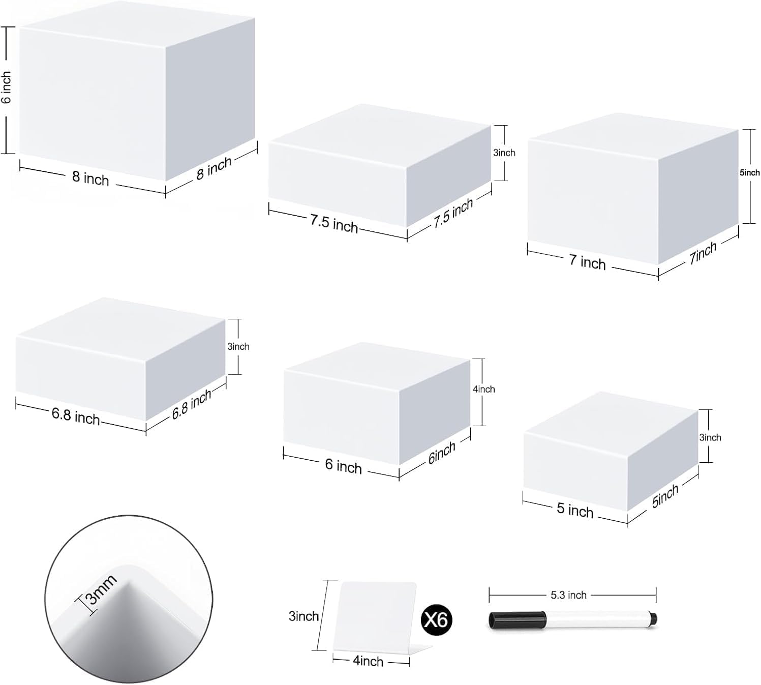 6 rialzi per buffet in acrilico, 13 x 15 x 17 x 19 x 20 cm, per tavolo da buffet, catering, dessert, torte, per feste, gioielli da collezione, scatole cubiche impilabili con fondo cavo