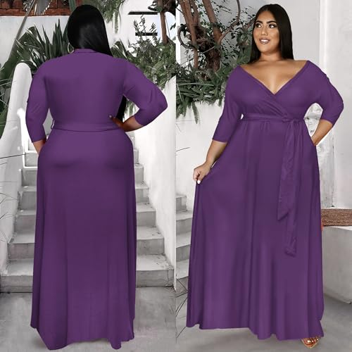 Image of Runwind Plus Size Dresses for Women Floral Maxi Dress Flowy 3 /4 Sleeve with Belt