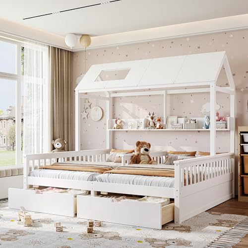 Bellemave Twin Size House Bed with Drawers for 2 Kids Two Shared Beds with Storage Shelves and Roof Double Twin Bed with Guardrails for Girls Boys White