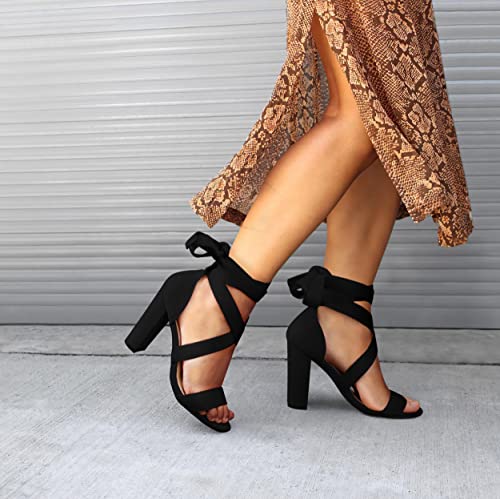 Image of Strappy Heels for Women Chunky Heels High Heeled Sandals with Lace Up Fahsion Casual Nude Block Heel Sandals