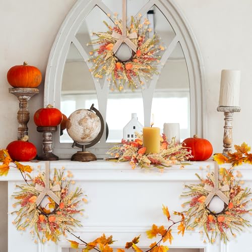 Image of 4 Pcs Fall Candle Rings 9 inch Thanksgiving Autumn Wreaths with Flowers for Tables Artificial Farmhouse Candle Rings Wreath for Front Door Porch Wall Window Decorations