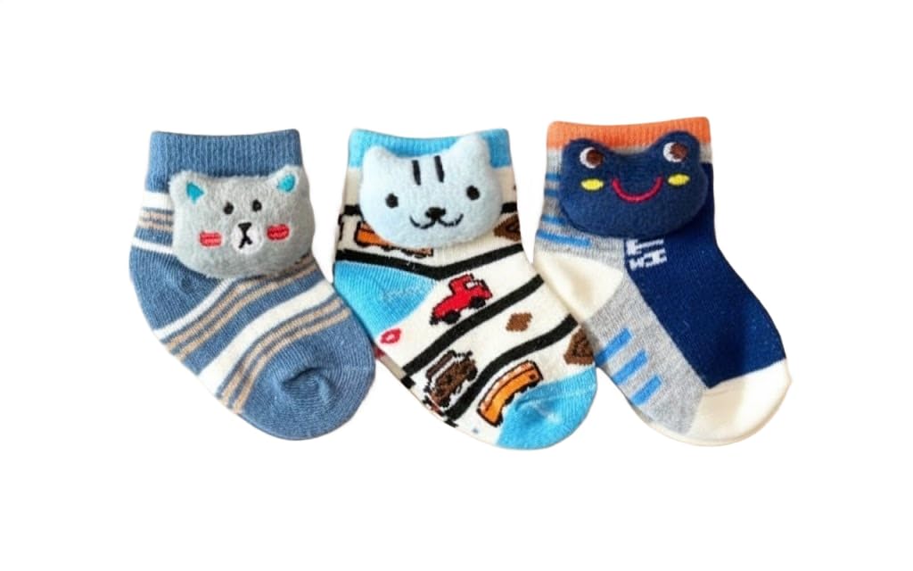 Baby Boys Cotton Rich Cartoon Ankle Socks Set (Pack of 3) | Breathable Soft Fabric with Non-Slip Grip | Stretchable Cute Animal Printed Socks for Unisex Babies-image-37