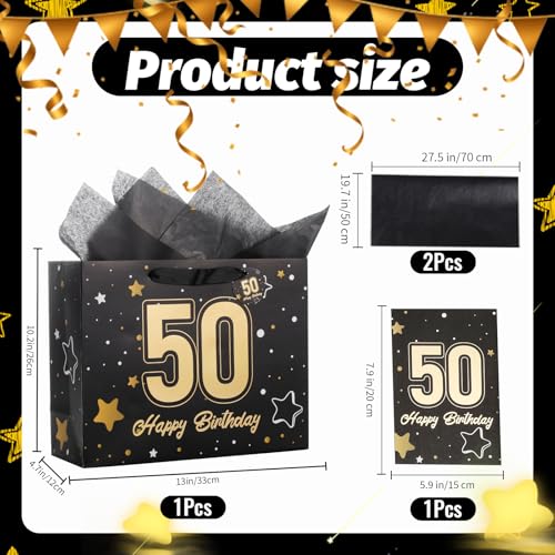 Image of Powbrace 13 inch Black 50th Birthday Gift Bag with Tissue Paper and Greeting Card for Party,Happy Birthday Gift Bag for Men Women,Gift Bags Medium size(1 Black 50th)