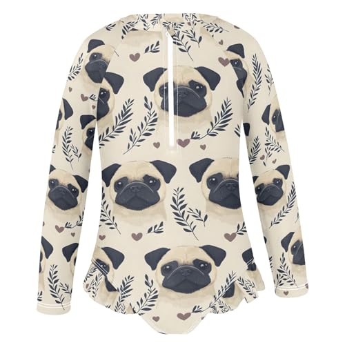ALAZA Pug Dog Cartoon Yellow Girls One Piece Swimsuit Long Sleeve Rash Guard Swimsuits UV 50+ Swimwear Zipper2
