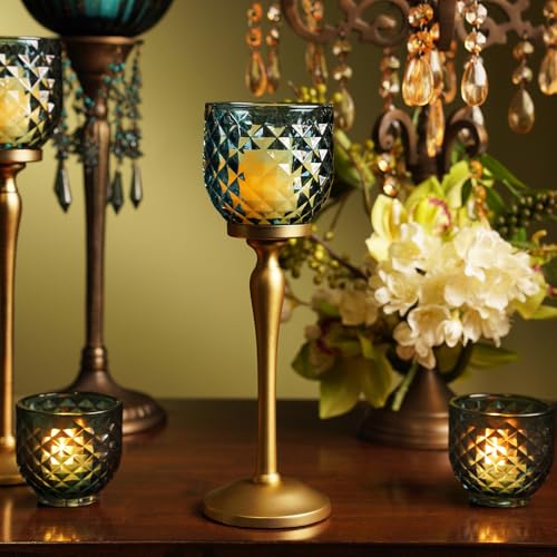 Image of Pure Home Teal Diamond Cut Hurricane - Small | Size: 9X9X21CM | Premium Hurricanes for Home Decor | Table Top & Shelf Decor Showpiece | Ideal for Diwali & Festive Gifting | Perfect for Living | Pack of 1