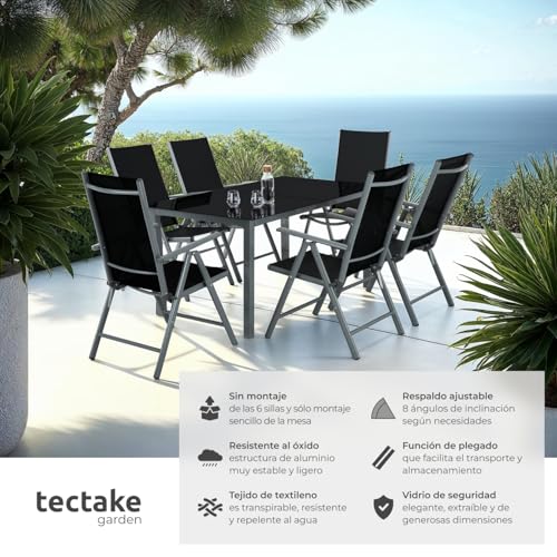 tectake® Conjunto Muebles Jardín Exterior 7 Piezas, Mesa y Sillas Terraza con Estructura de Aluminio, Sillas Plegables y Reclinables, Impermeables, Vidrio de Seguridad, Tela Transpirable - Antracita - imagen 2