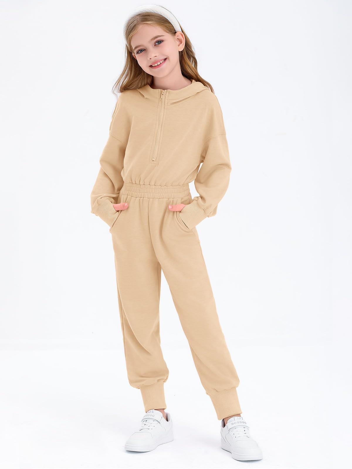 Haloumoning Lässiger Jumpsuit für Mädchen, langärmelig, mit Kapuze, Strampler, langer Einteiler mit Taschen, Größe 4–14