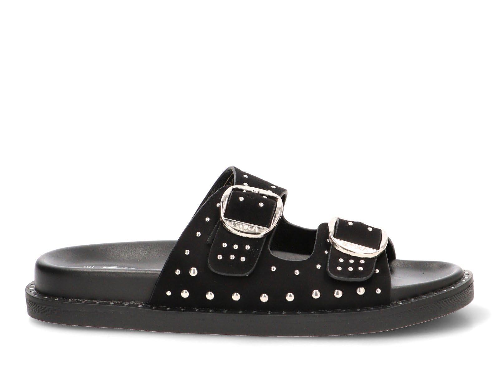 Etika Sandalias Planas Tipo Pala para Mujer, Calzado Casual de Doble Hebilla con Planta Anatómica y Detalles de Tachuelas, Modelo 10150 Negro - 40