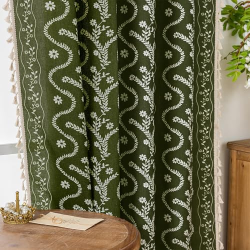 Image of Olive Green Floral Curtains 90 Inch Long for Living Room, Bedroom, 2 Panels Boho Farmhouse Vintage Tassel Semi Sheer Privacy Window Curtains Drapes with Rod Pocket
