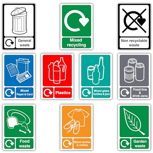 10PCS Mixed Recycling Paper & Card Plastics Glass Bottles & Jars General Food Garden Non Recyclable Waste Food Tins & Cans Textiles & Clothes Bins Signs Polypropylene Stickers (105mm x 148mm)