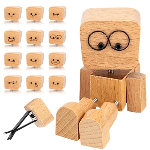 Simsky Handgefertigte Wackelnde Holzfigur mit 12 Magnetischen Ausdrücken Dekorative Auto Ornamente Schüttelnder Wackelmann mit Beweglichen Füßen