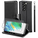 WuGlrz Handyhülle für Samsung Galaxy S21 FE 5G mit 2 Stück Panzerglas Schutzfolie, Luxus PU Leder Brieftasche Hülle mit Clip Lanyard Magnetisch Flip Schutzhülle -Schwarz