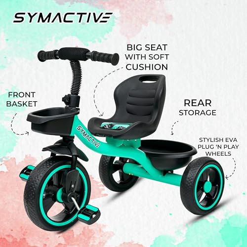 Image of Amazon Brand - Symactive Tricycle for Kids | Plug N Play | Baby Cycle with Grip Handle, Eva Wheels, Seat & Basket | Kids Tricycle /Cycle | 2+ Years Unisex | Weight Limit Upto 25 Kgs (Ice Blue)