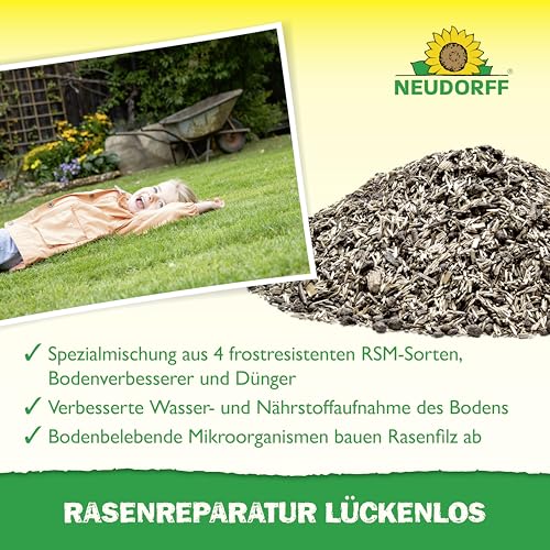 Foto von Neudorff Rasenreparatur LückenLos – Zur Ausbesserung von 32 Lücken für einen dauerhaften, strapazierfähigen und grünen Rasen, schnellkeimend, 2,5 kg