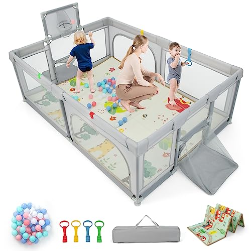 Image of Costzon Large Baby Playpen with Mat, 81'' x 57'' Playpen for Babies and Toddlers w/Basketball Hoop & Soccer Nets, Pull Rings & Ocean Balls, Zippered Gates, Portable Indoor Safety Sturdy Play Yard