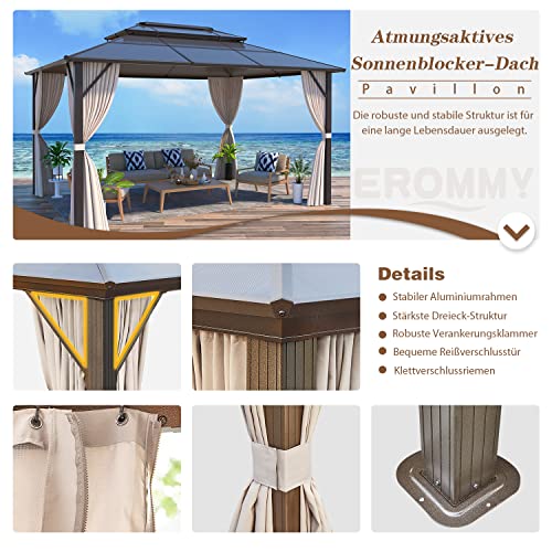 EROMMY 4 X 3 m Pavillon Doppeldach Alu Wasserdicht mit Vorhang-Seitenteile und Netz, Wetterfest Gartenpavillon Stabil Aluminiumrahmen Polycarbonat Partyzelt Hardtop für Garten, Terrasse