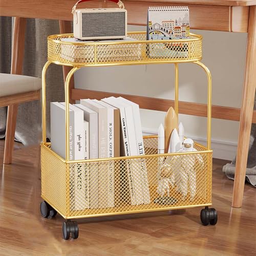 YQkasj キャスター付き キッチンワゴン 耐荷重 ベビーワゴン 収納ワゴン 大容量 スリムワゴン おしゃれ シンプル 収納ラック キッチン収納 2段 寝室 ゴールド 居間 オフィス 耐久性 サイドテーブル テーブルワゴン ツールワゴン 収納カート 本棚