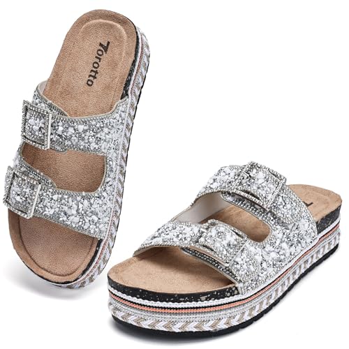 Torotto Damen Pantoletten Modische Sandalen Metallic Hausschuhe mit verstellbaren Riemen Verdickter Boden 4CM(weiß,39 EU...