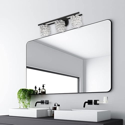 Miniatura 6 de BDL Lámpara de tocador de baño, 3 luces negras, pantalla de cristal, espejo moderno de barra de pared (excluye la bombilla)