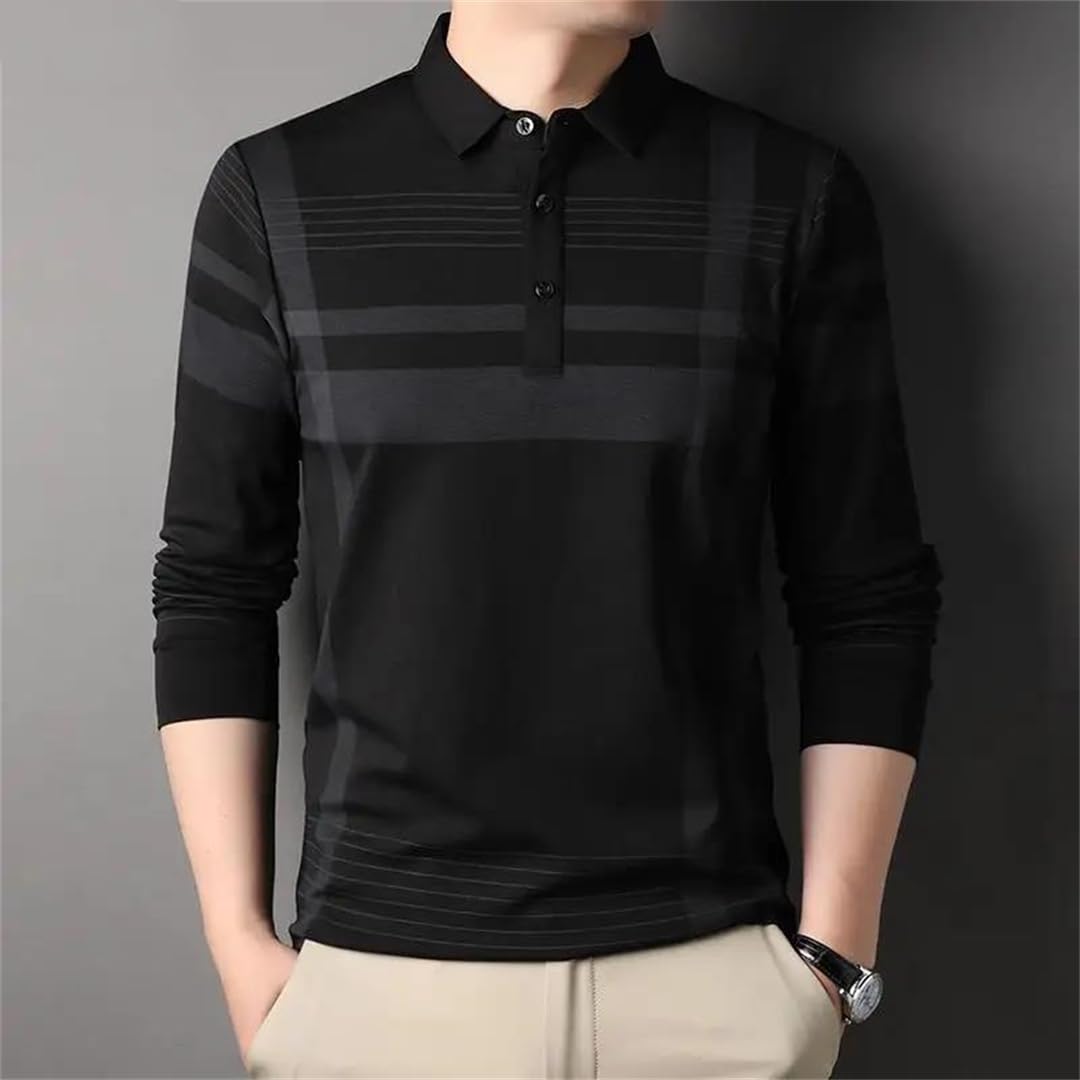 Vogrtcc Gestreiftes Herren-Poloshirt, langärmelig, normale Passform, lässiges Oberteil mit Knopfleiste, atmungsaktives Soft-Touch-Gewebe