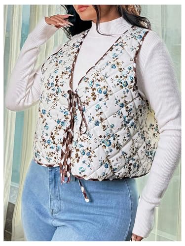 MakeMeChic Women's Plus Size Floral Print Sleeveless Padded Vest V Neck Vintage Outwear Vest3