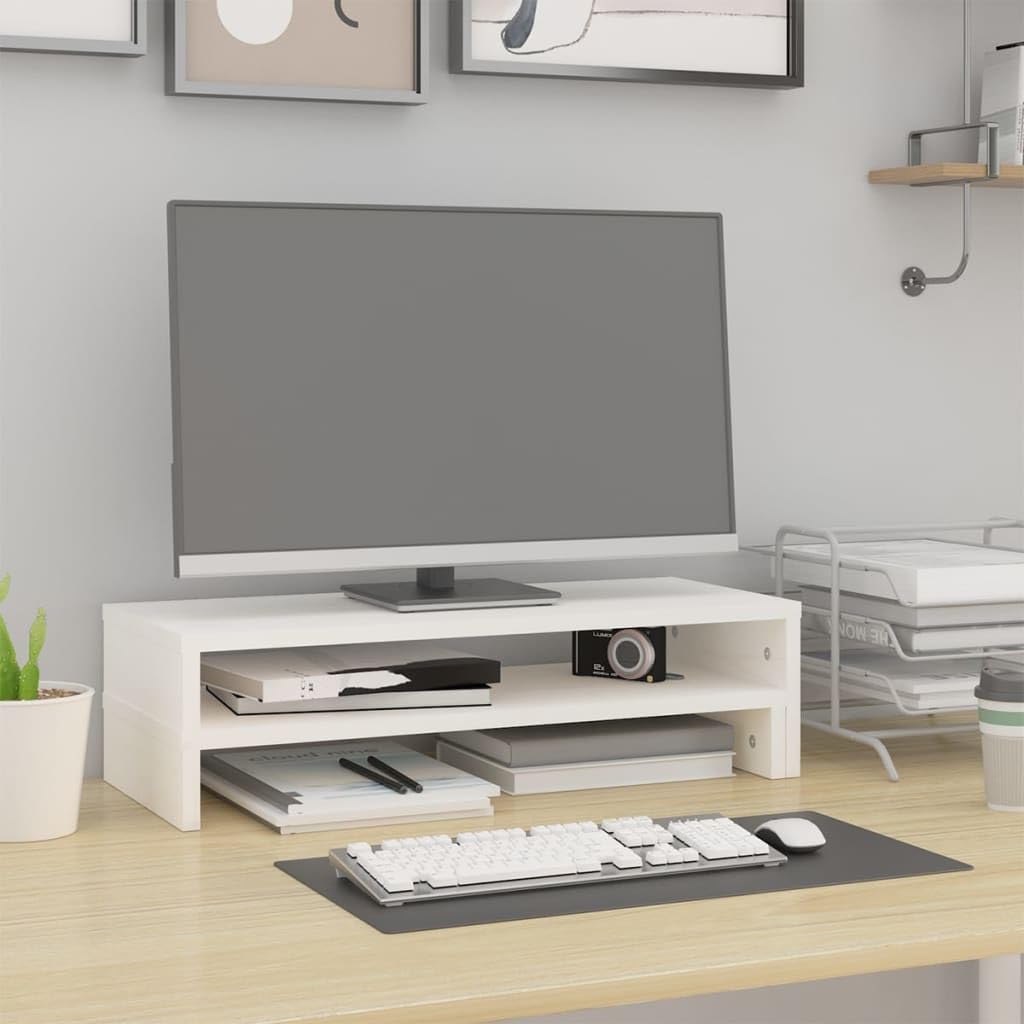 Supporto per monitor bianco in legno di pino massiccio, regolabile in altezza, 52-101 x 22 x 14 cm, supporto da scrivania con ripiano per tastiera per casa, gaming, workstation e ufficio