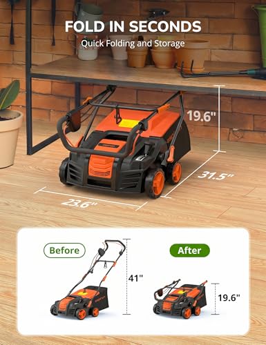 Image of Aspiron Artificial Grass Sweeper, 16-Inch 2000W Electric Power Broom for Artificial Turf, Lawn Sweeper with 55L Removable Collection Bag, 5-Position Height Adjustment, Foldable, Orange