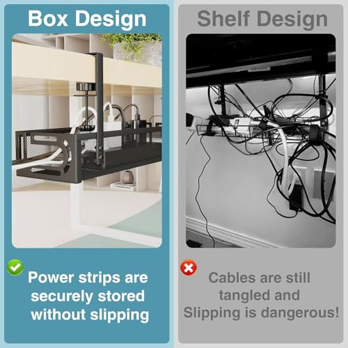 Image of ABJA Under Desk Cable Management Tray, Wire Organiser for Table, Cable Organiser for Desk, No Drill Metal Mesh Tray with Clamps, Includes Ties & Cable Clips for Home /Office (Black 1, 39 x 12 x 7 cm)