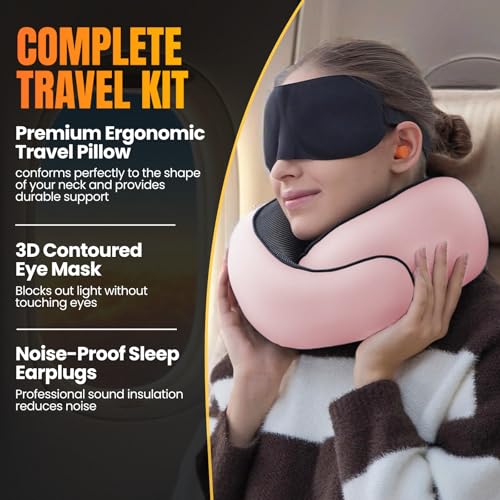 Image of LOEXAIR Travel Pillow, Neck Pillow Travel for Airplane, Car - 100% Cotton Fabric & Memory Foam Plane Pillow, Lightweight & Easy-to-Carry on Flight, Full Travel Set (Eye Mask, Earplugs) - Sakura Pink