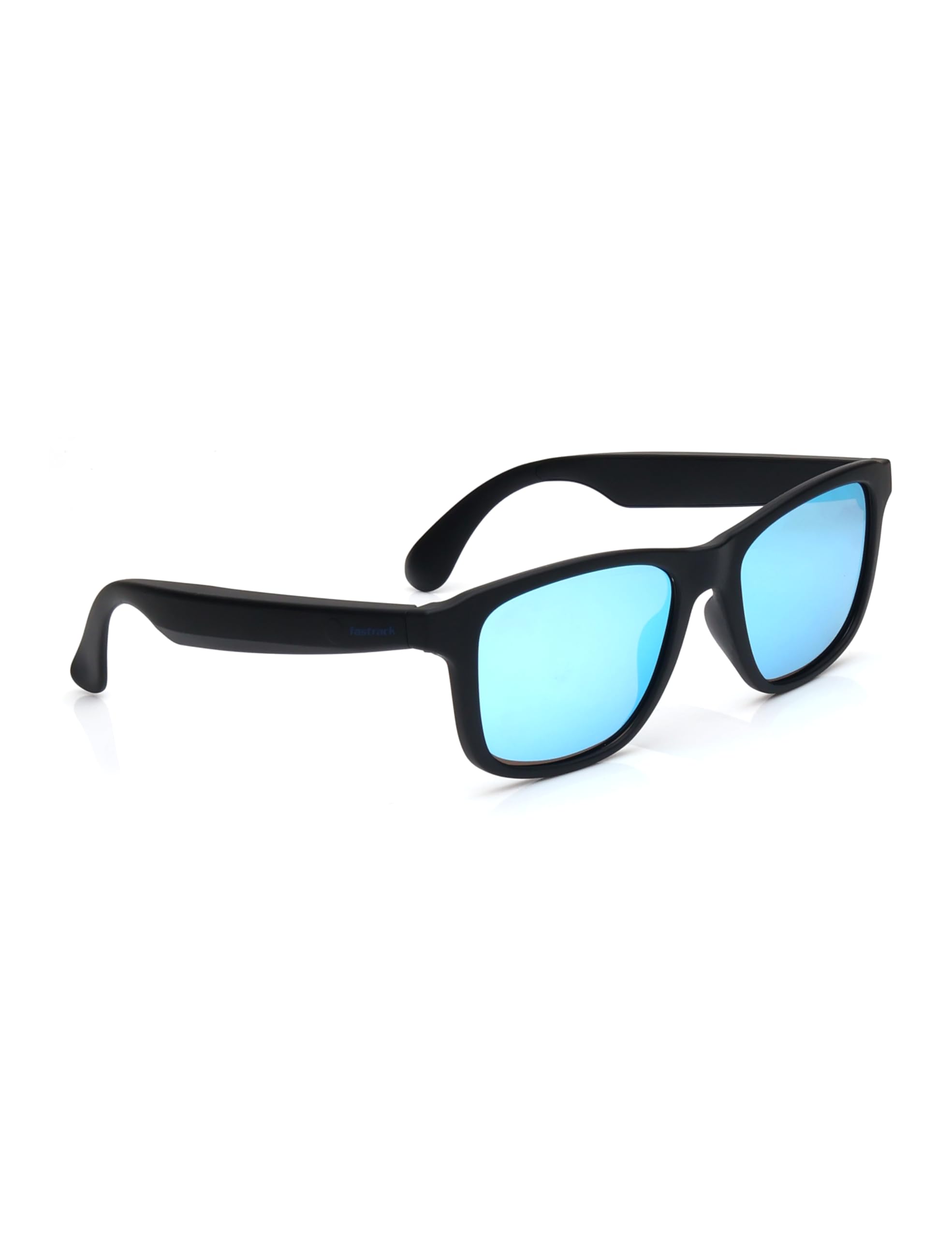 Front view of Fastrack Vibes 4.0 Smart Sunglasses with blue mirrored lenses