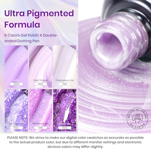 Image of Beetles Purple Gel Polish Set - 6 Color Shimmer Pearl Jelly Gel Polish | with Nail Brush Soak Off LED Lamp Swirl Shell Thread Effect DIY Manicure Gifts for Women