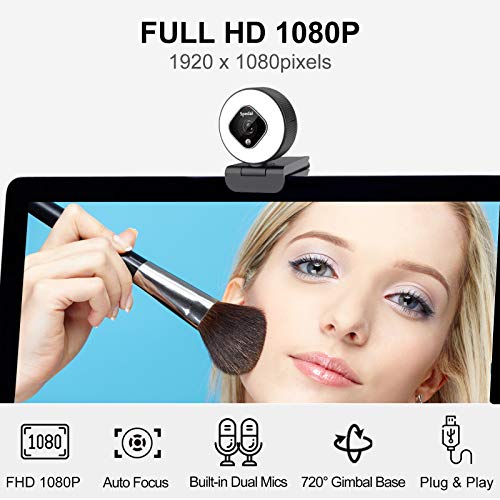 1080P HD Webcam mit Ringlicht Autofokus Webcam Zoom Live-Streaming Webcam mit Mikrofon und Stativ USB Kamera für PC Videoanrufe aufzeichnen Online-Kurs Mac Windows – Bild 5