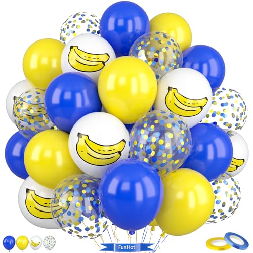 Blue and Yellow Balloons 50PC 12 Inch Blue Yellow Gold Confetti White Banana Print Balloons for Birthday Baby Shower Graduation Party Decorations