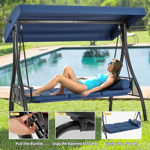 Image of HOMREST 3 Seat Outdoor Porch Swing with 1.5 inch Deepened Cup Holder, Adjustable Canopy, Patio Swing Bed with Stand, Patio Glider Swing with Thicken Cushions, Pillow for Yard, Garden(Blue)