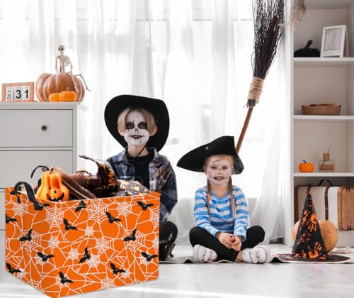 Image of Rectangular Halloween Basket for Boys and Girls Kids Trick or Treat Pumpkin Basket for Halloween Parties Cute Storage Bin Organizer Box Room Decor(Bat spider web)