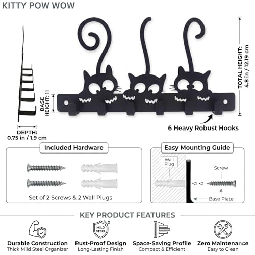 Image of Key Holder for Home Decor Stylish, Metal Cat Wall Mount with 6 Rustproof Hooks, Key Hanger for Wall, Matte Black Keys Stand, Decorative Home Organizer