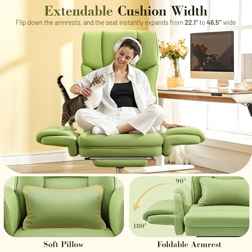 Image of Big and Tall Office Chair, 400LBS Wide Leather Gaming Chair with Footrest, High Back Executive Chair, Reversible Armrest for Pets, 135 Reclining Cross Legged Chair with Lumbar Support(Avocado Green)