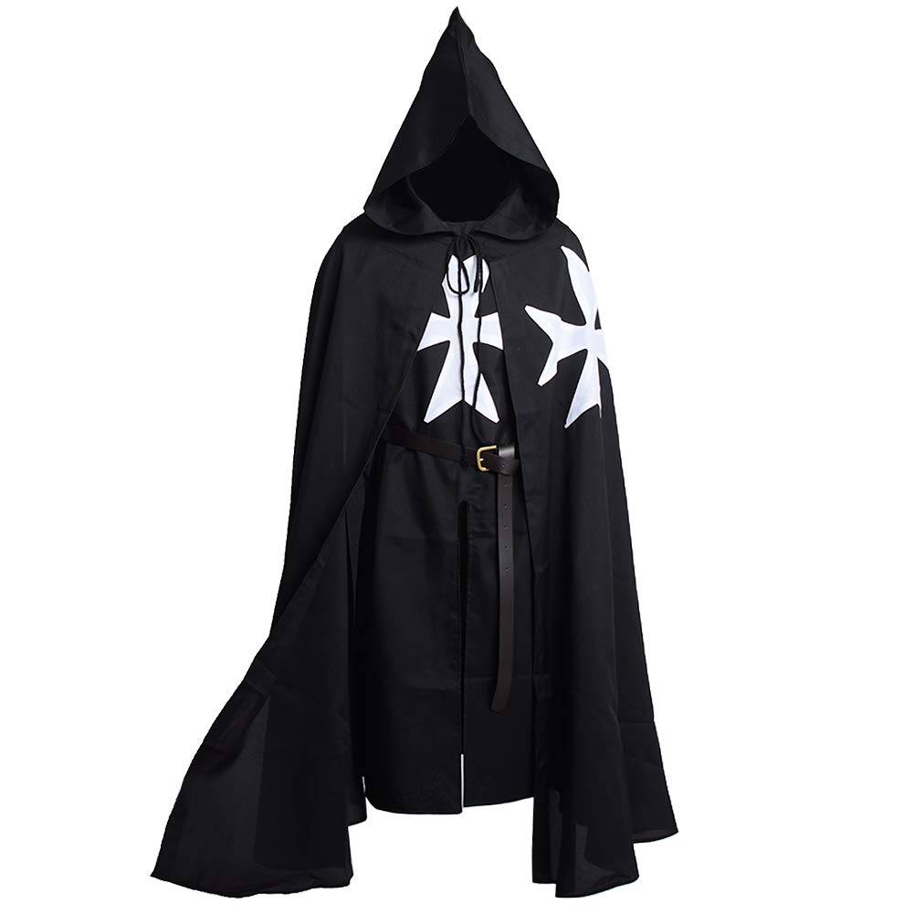 BLESSUME Medieval Templar Knight Costume Tunic with Cloak and Belt (Black2)