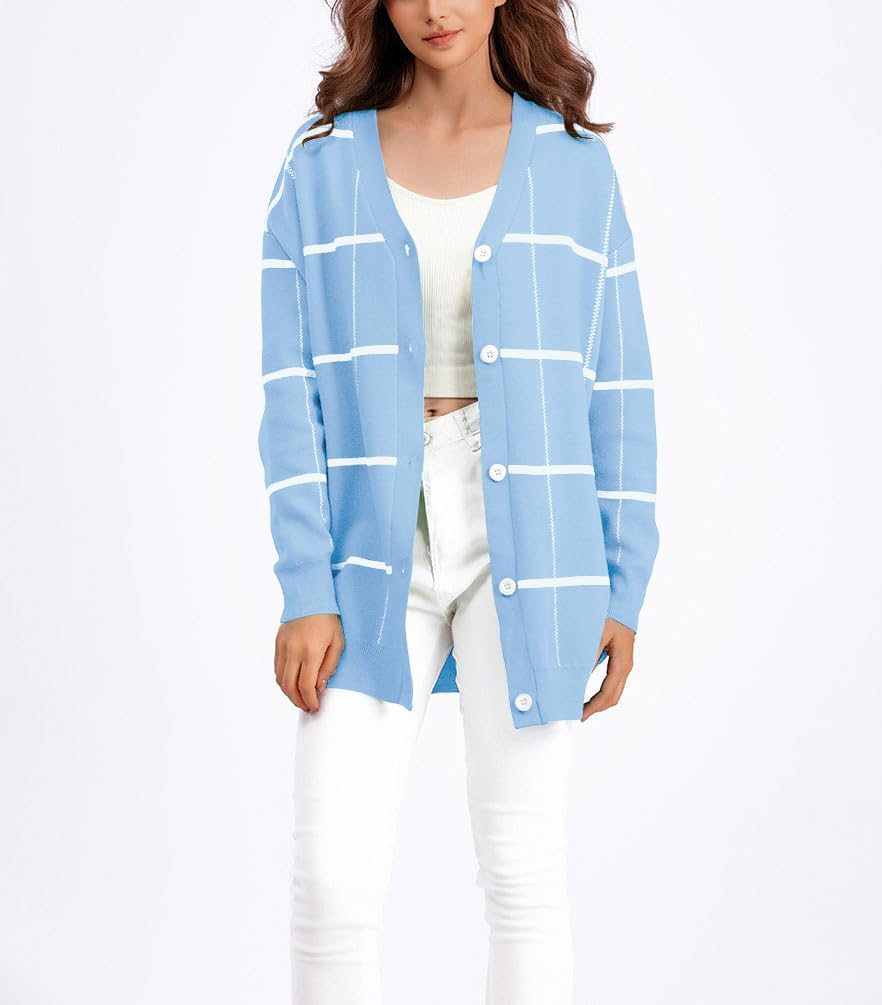 chouyatou Women's Vintage Plaid Button Down Cardigans Color Block V Neck Knit Cardigan Sweater Jacket Coat - Image 3