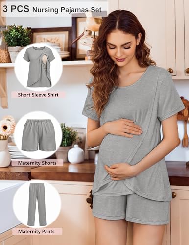 Image of Ekouaer 3 PCS Maternity Nursing Pajamas Set Postpartum Breastfeeding Short Sleeve Shirts, Pregnancy Shorts & Pants Pjs S-XXL