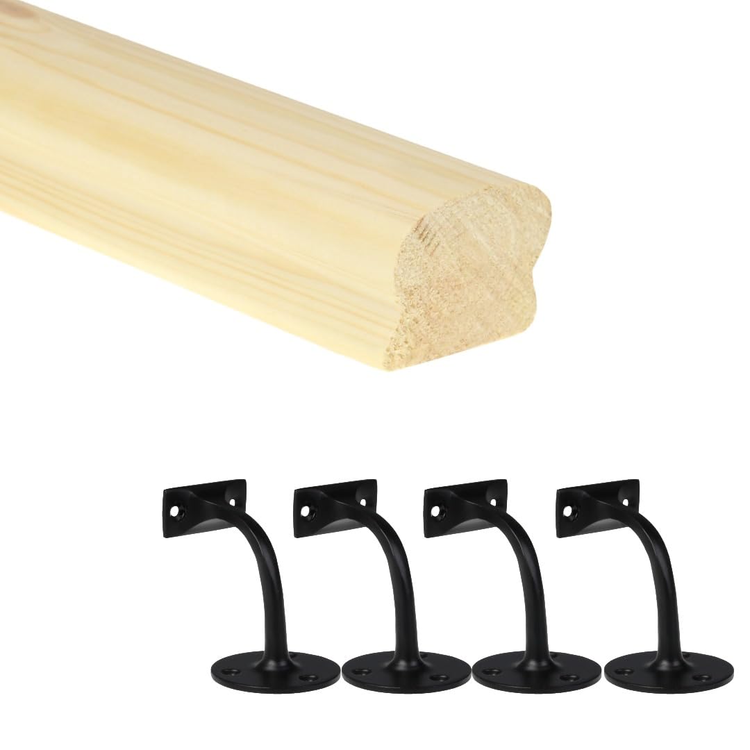 Jackson Woodturners Pine Cottage Loaf Handrail Kit with Black Wall Brackets – Ungrooved Wooden Stair Rail – Multiple Lengths (3600mm + 4 Wall Brackets)