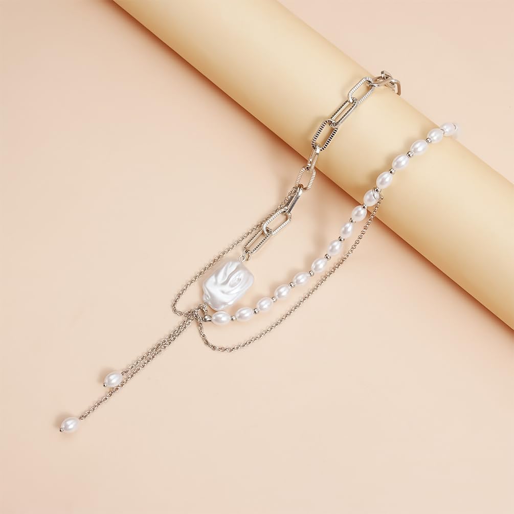 Dainty Layered Silver Baroque Pearl Tassel Y Necklace for Women, Statement Half Pearl Beaded Paperclip Chain Choker Vintage Charm Party Jewelry Gifts - Image 7