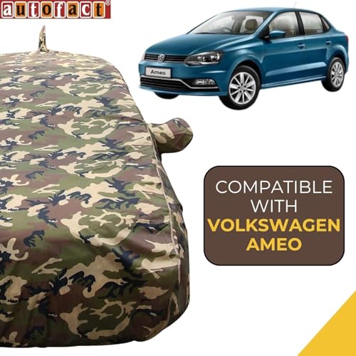 Image of Autofact 100% Waterproof Car Body Cover Compatible with Volkswagen Ameo (2016 to 2018), with Mirror and Antenna Pockets,4x4 American Matty, Long Lasting Material, Camouflage Army Look.