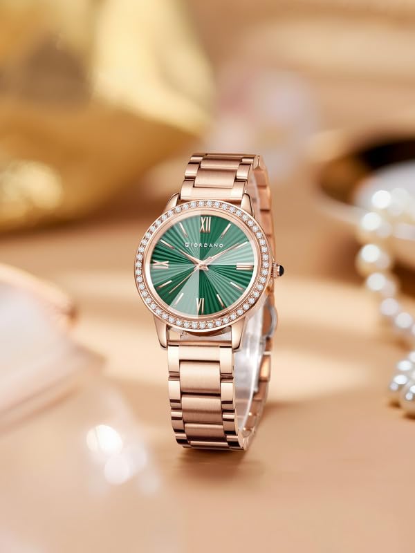 Image of Giordano Analog Watch for Women with Sunray Round Dial, Crystal Studded Bezel, Roman Numerals Markers, Quartz Movement and Rose Gold Stainless Steel Strap - GZ-60118