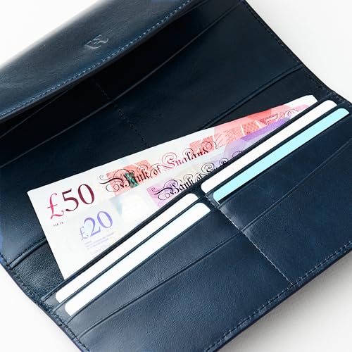 Handcrafted Full-Grain Leather Women’s Wallet, RFID Blocking, 12 Card Slots, 3 Compartments, Removable Zipper Coin Pouch, Gift Box & Pouch, Christmas & Birthday, Navy Blue3