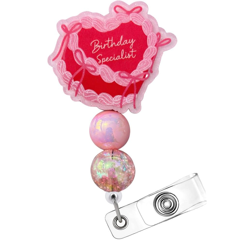 Birthday Specialist Badge Reel Cute Pink Heart Ribbon Baby Basket NICU ID Name Holder with Retractable Clip Gifts for OB RN OBGYN Nurse Medical Assistant Labor & Delivery, Maternity, L&D, Postpartum — image 1