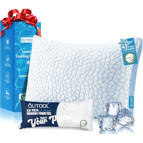 Image of QUTOOL Enhanced Cooling Pillows for Sleeping, CertiPUR-US Shredded Memory Foam Pillows Standard Size Set of 1 for Hot Sleeper, Adjustable Pillow for Side, Back, Stomach Sleepers Support Yet Soft, Blue