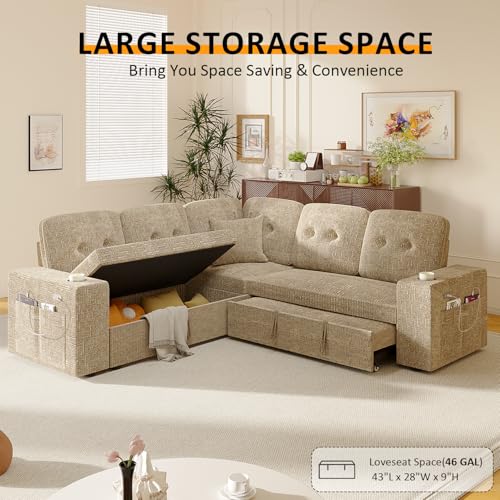 Image of Modular Sectional Sleeper Sofa with Pull Out Bed, 84 Inch L Shaped 5 Seat Couches for Living Room, Chenille Fabric Cloud Couch Bed with Storage & Reclining Backrest, USB Charging, Khaki