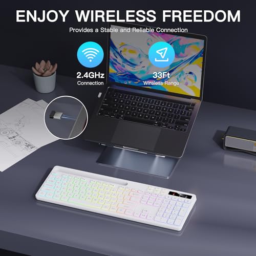 Image of Soueto Wireless Keyboard with 7-Color RGB Backlit, Full-Size Computer Keyboard with Phone Tablet Holder, 2.4G Rechargeable Gaming Keyboard with Light Up Keys, Compatible with Mac, Windows (White)